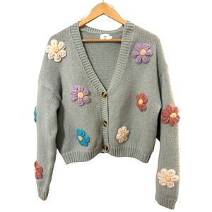 Luna Ivy Pastel Sage Green Raised Floral Knit Cardigan V-Neck Med
